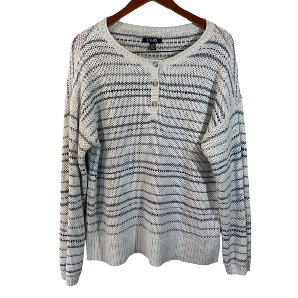 Chaps Striped Knit Sweater Size XL Blue and White Long Sleeves Henley Neckline - Picture 1 of 6